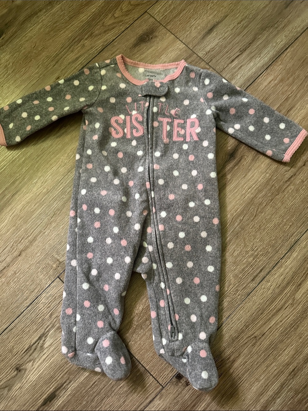 Carter's Gray Polka Dot Footie with Pink Accents - "Little Sister"
